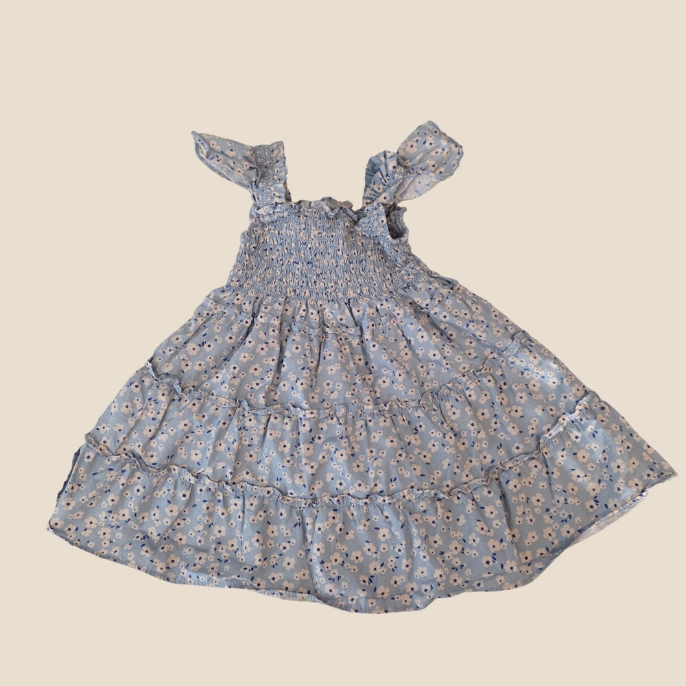 Quince Girls Dress Baby 9-12M Blue Floral Organic Cotton Smocked Tiered Cottage